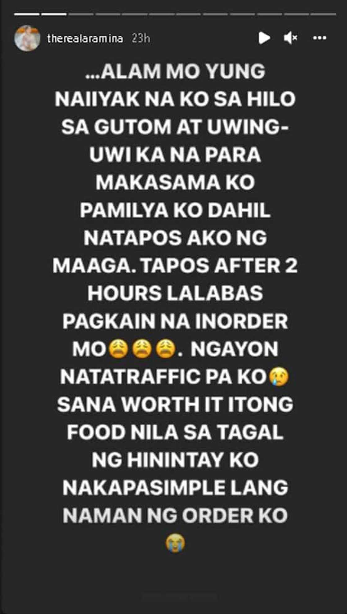 Ara Mina, pinag-antay ng dalawang oras ng resto na inorderan niya ng food: “naiiyak na ko sa hilo, sa gutom” Ara Mina, pinag-antay ng dalawang oras ng resto na inorderan niya ng food: “naiiyak na ko sa hilo, sa gutom”