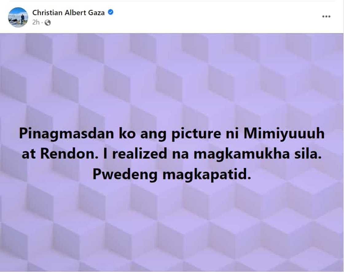 Xian Gaza, viral ang post ukol sa na-realize niya nang pagmasdan pics nina Mimiyuuuh at Rendon Labador Xian Gaza, viral ang post ukol sa na-realize niya nang pagmasdan pics nina Mimiyuuuh at Rendon Labador