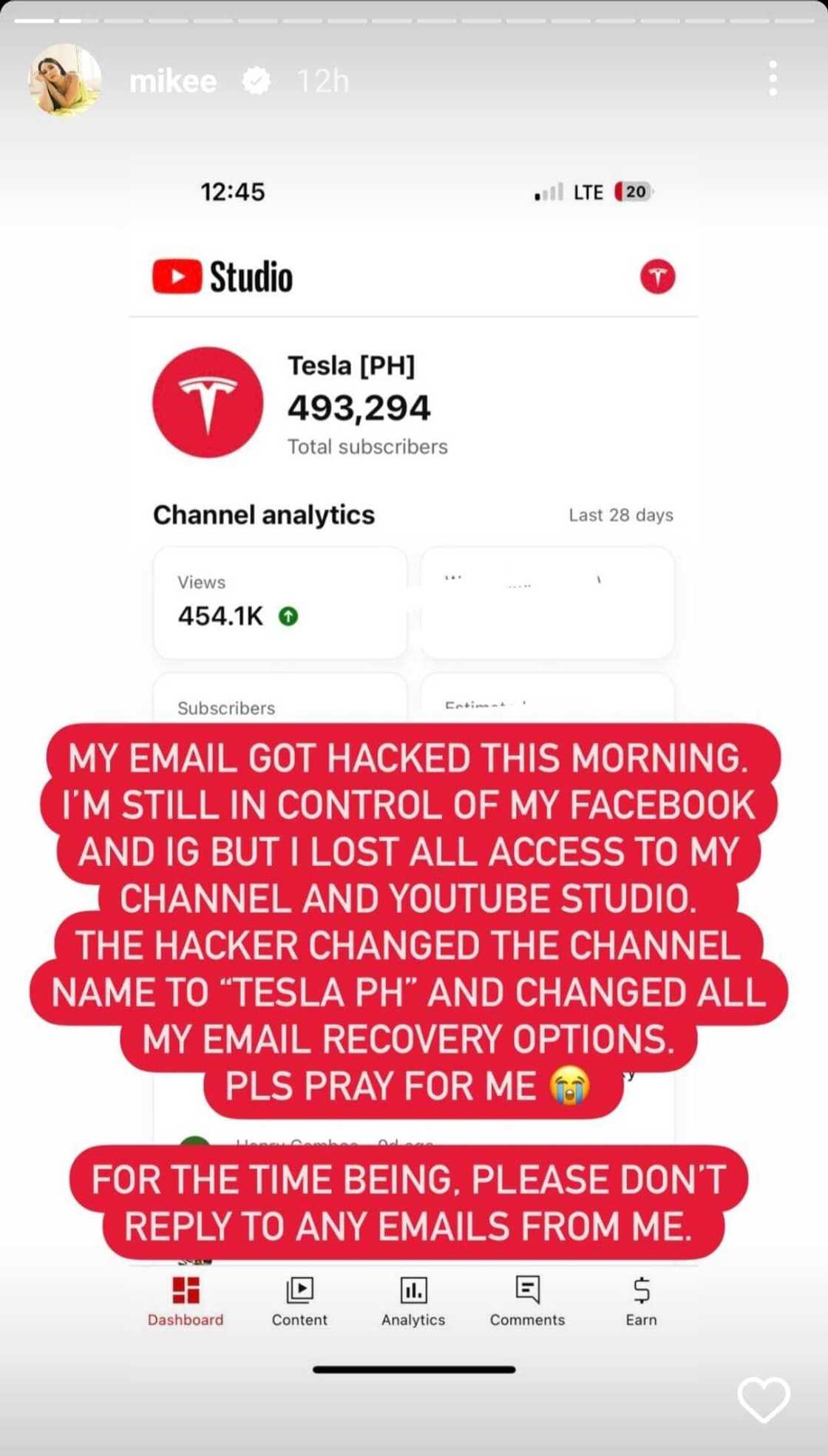 Mikee Quintos, humingi ng panalangin mula sa kanyang mga followers matapos ma-hack ang kanyang email account