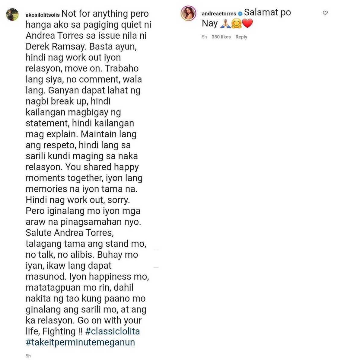 Lolit Solis lauds Andrea Torres for keeping mum amid issue on Derek Ramsay Lolit Solis lauds Andrea Torres for keeping mum amid issue on Derek Ramsay