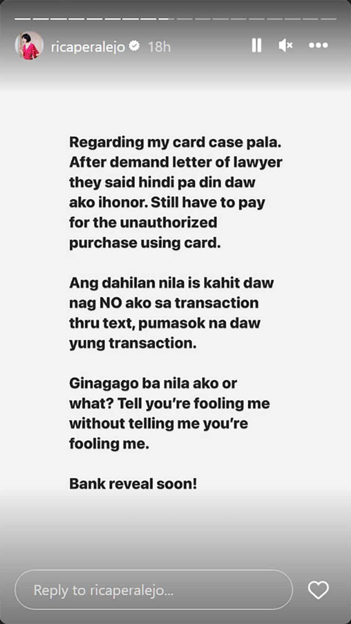 Rica Peralejo, pinost sa socmed pagkadismaya sa isang banko: “Tell me you're fooling me” Rica Peralejo, pinost sa socmed pagkadismaya sa isang banko: “Tell me you're fooling me”