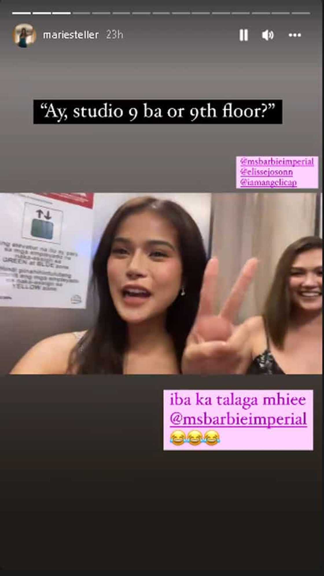 Maris Racal, Angelica P, Elisse Joson, Barbie Imperial's hilarious "9th floor or Studio 9" video goes viral Maris Racal, Angelica P, Elisse Joson, Barbie Imperial's hilarious "9th floor or Studio 9" video goes viral