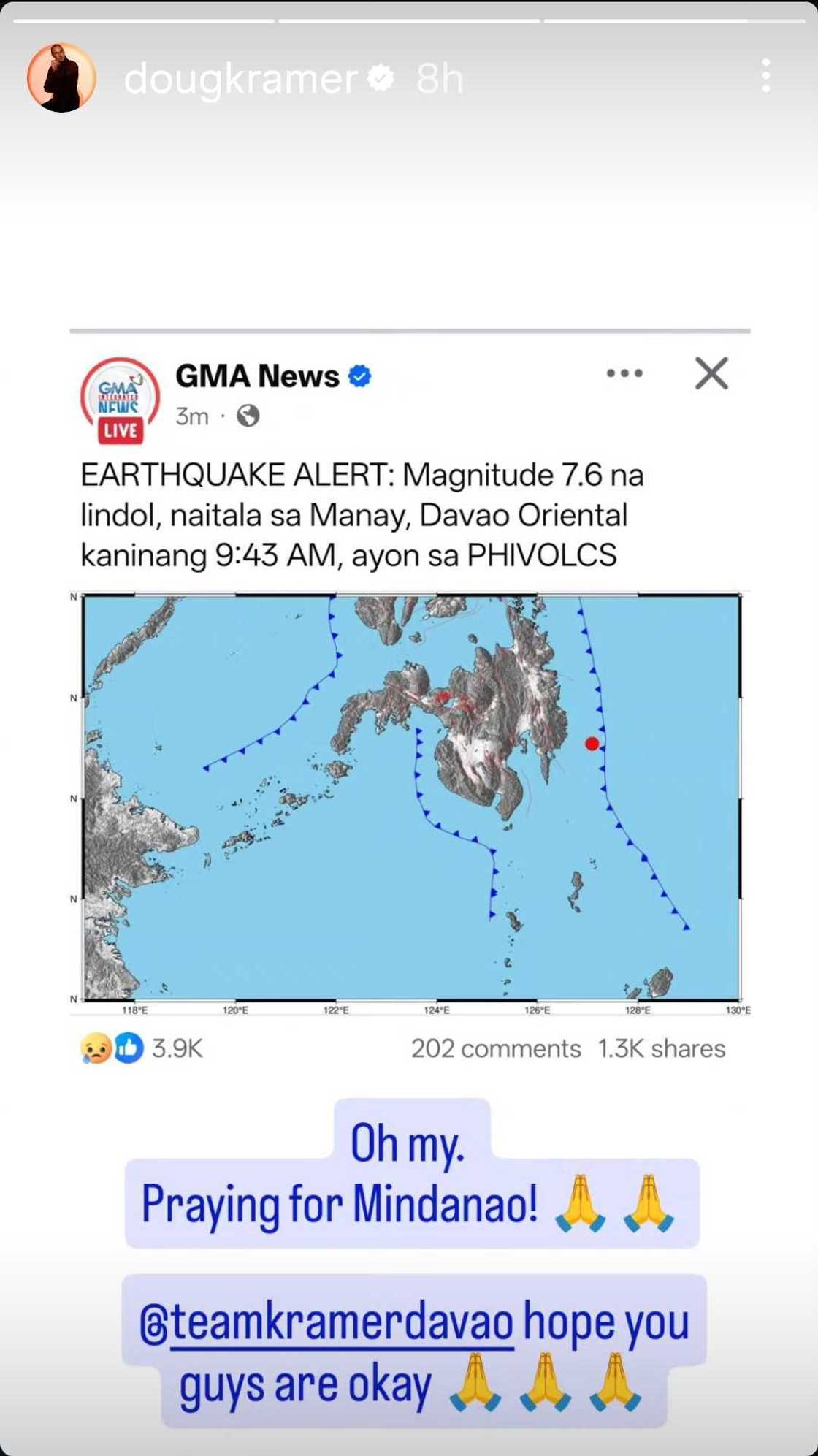 Doug Kramer expresses concern, offers prayers following Davao Oriental earthquake