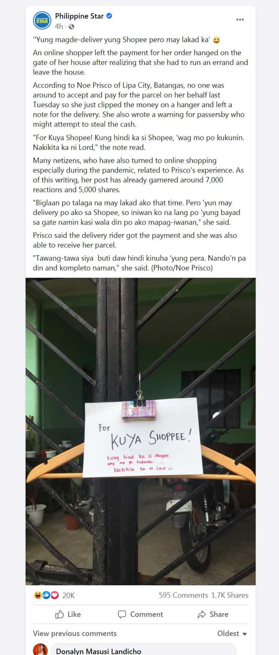 Customer, iniwan ang perang naka-clip sa gate: “For Kuya Shopee! Kung hindi ka si Shopee, 'wag mo po kukunin”