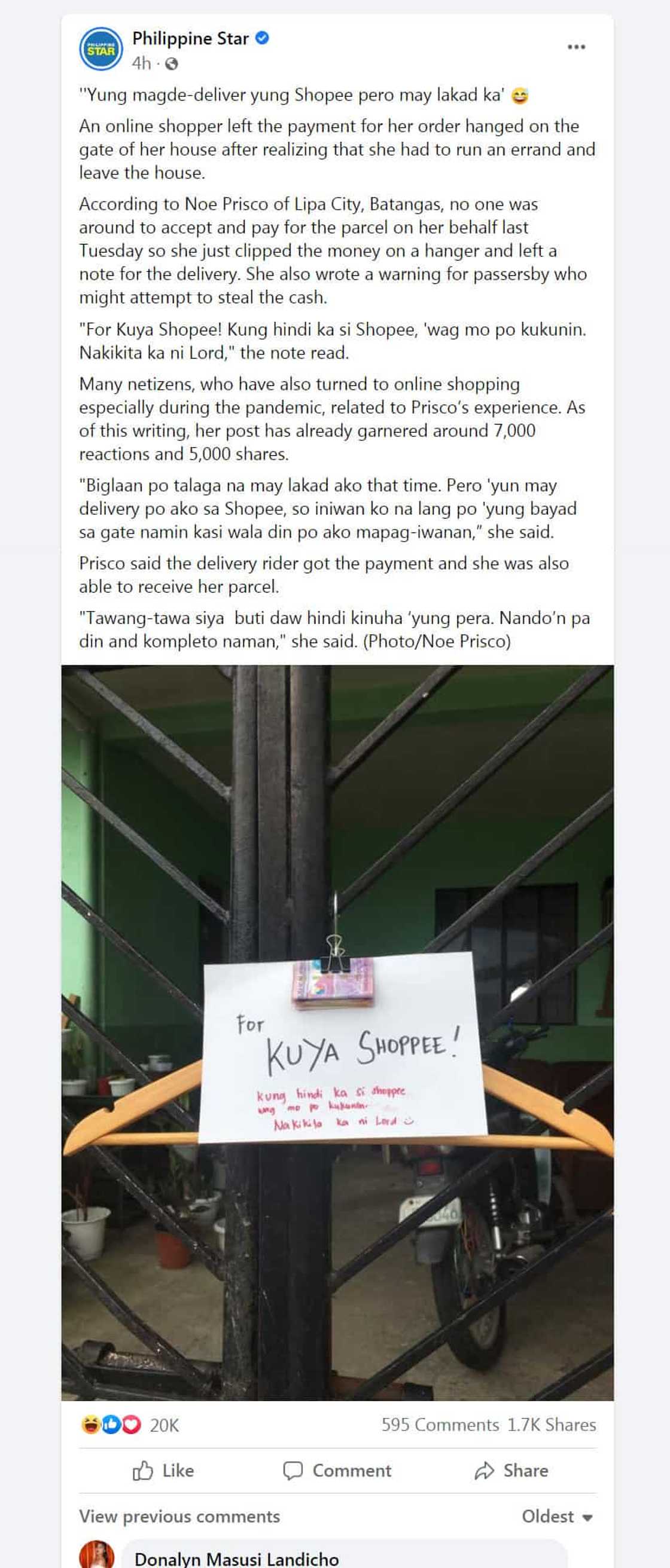 Customer, iniwan ang perang naka-clip sa gate: “For Kuya Shopee! Kung hindi ka si Shopee, 'wag mo po kukunin” Customer, iniwan ang perang naka-clip sa gate: “For Kuya Shopee! Kung hindi ka si Shopee, 'wag mo po kukunin”
