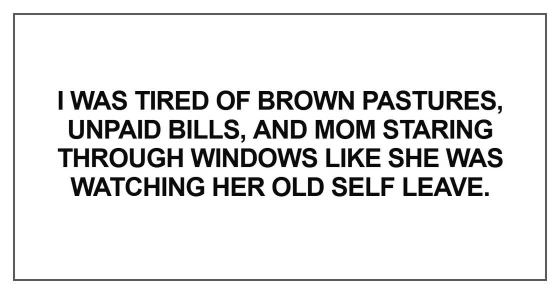 I was tired of brown pastures, unpaid bills I was tired of brown pastures, unpaid bills