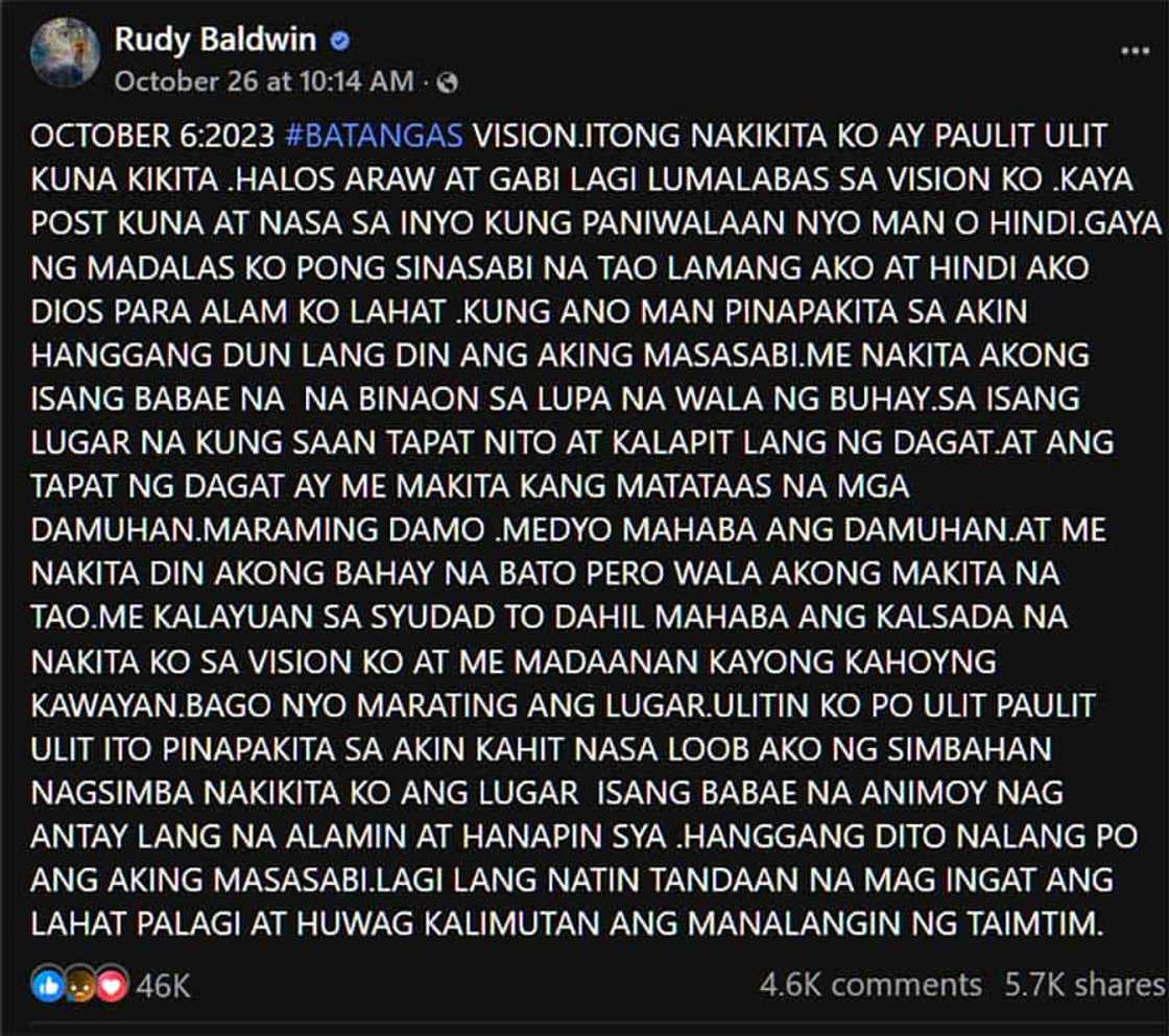 Rudy Baldwin, pinost isang masamang pangitain: “Isang babae na binaon sa lupa na wala ng buhay”