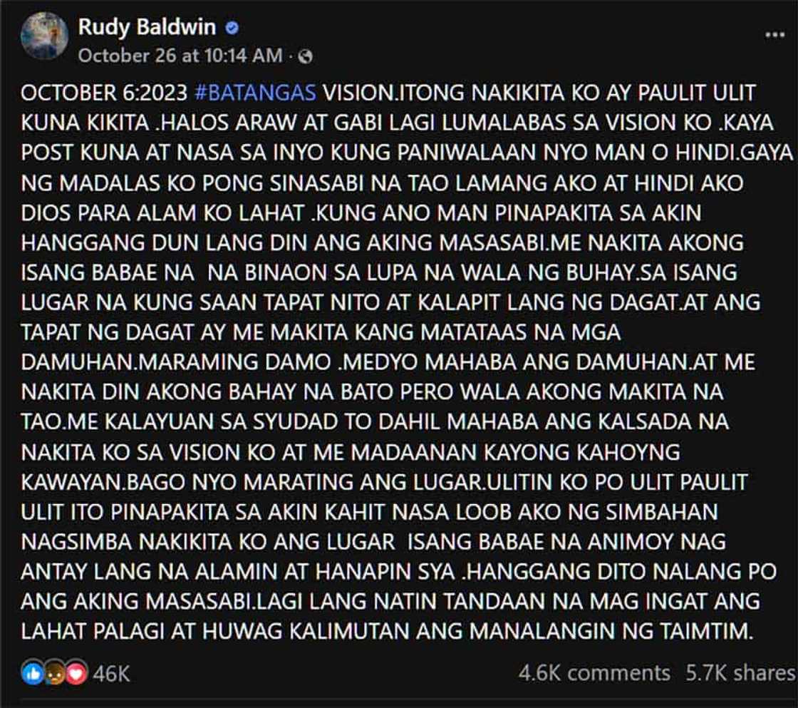 Rudy Baldwin, pinost isang masamang pangitain: “Isang babae na binaon sa lupa na wala ng buhay” Rudy Baldwin, pinost isang masamang pangitain: “Isang babae na binaon sa lupa na wala ng buhay”