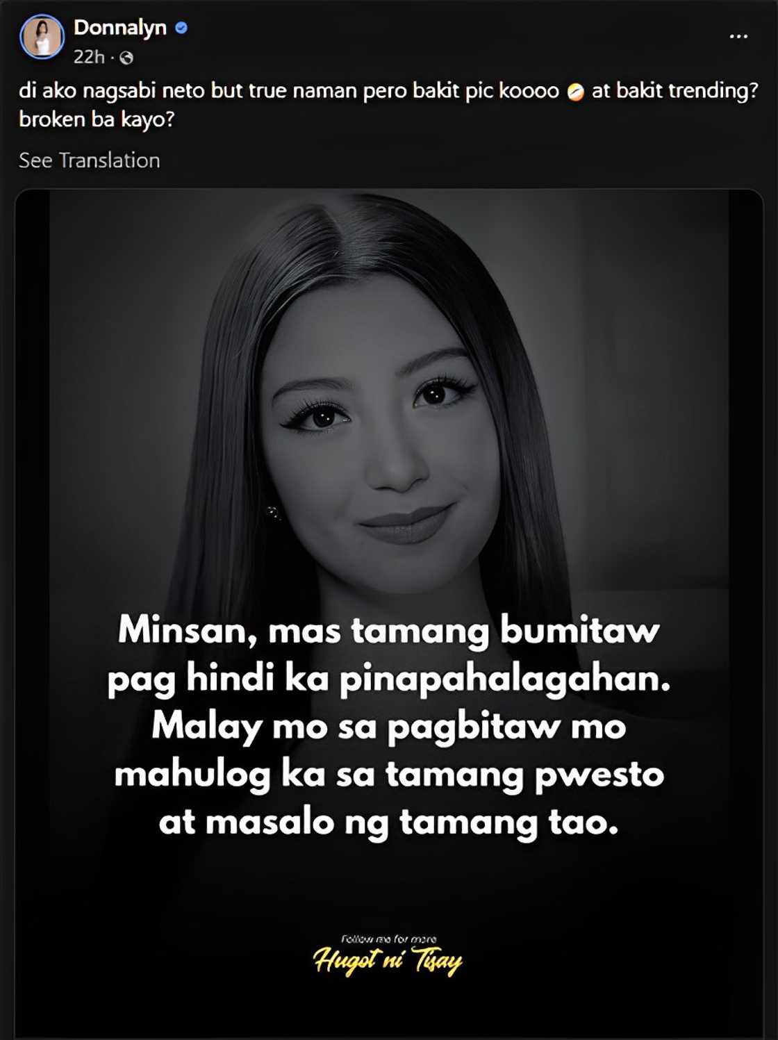 Donnalyn Bartolome, nawindang sa paggamit ng pic niya sa isang hugot quote: “Bakit pic ko”