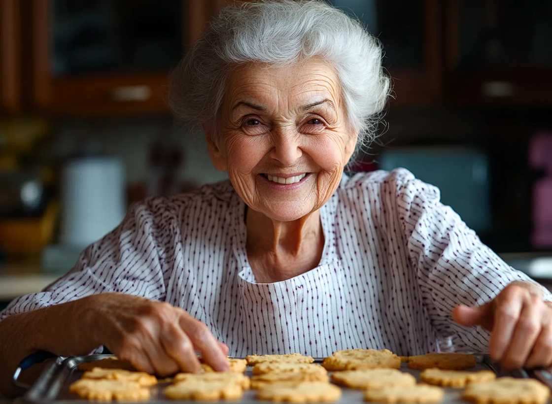 An elderly woman packing away cookies An elderly woman packing away cookies