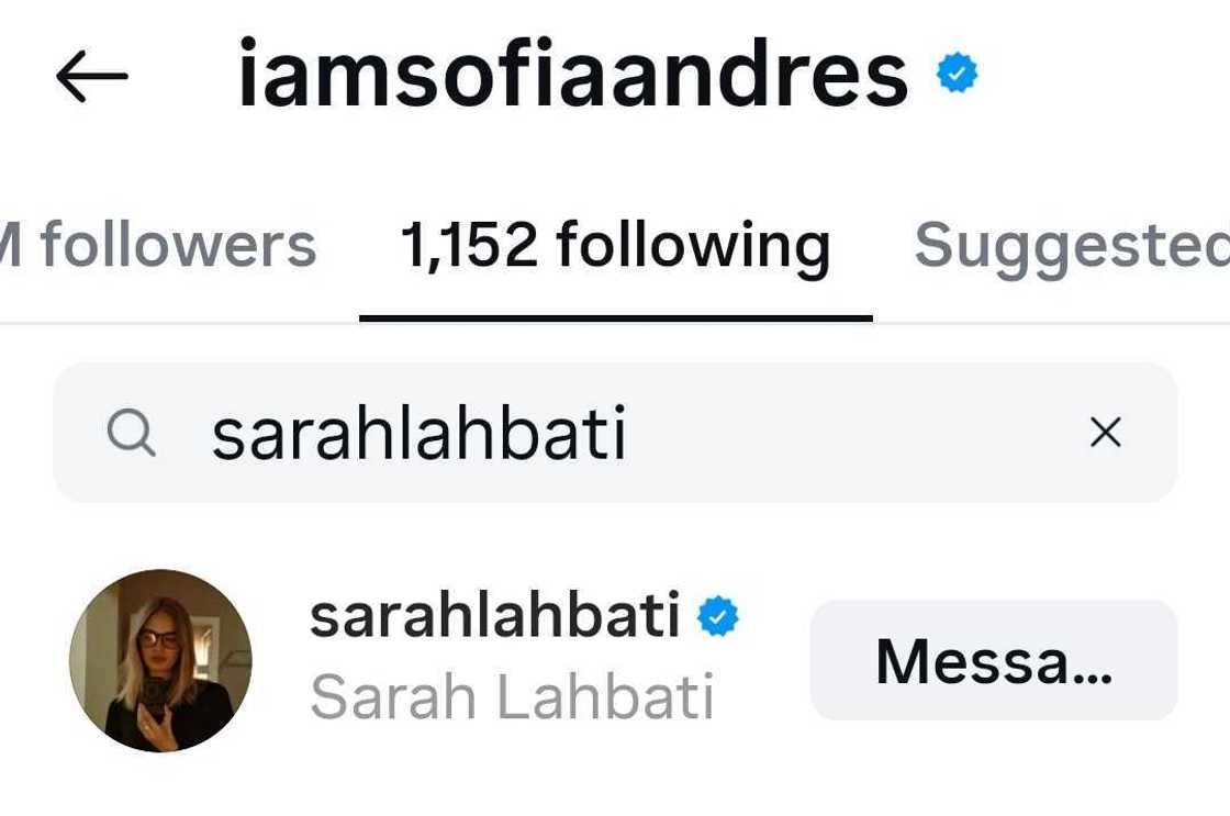 Sofia Andres no longer on Sarah Lahbati’s following list on Instagram Sofia Andres no longer on Sarah Lahbati’s following list on Instagram
