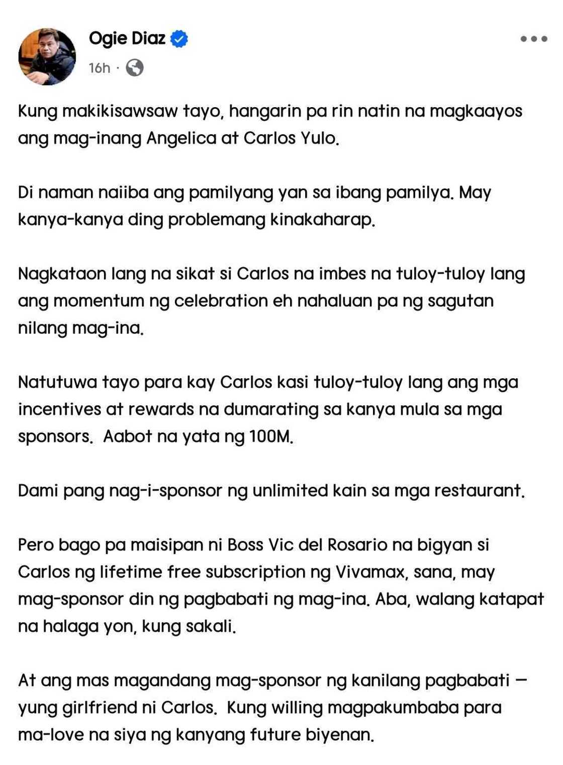 Ogie Diaz has honest take on Carlos Yulo's issue: "Kung makikisawsaw tayo" Ogie Diaz has honest take on Carlos Yulo's issue: "Kung makikisawsaw tayo"