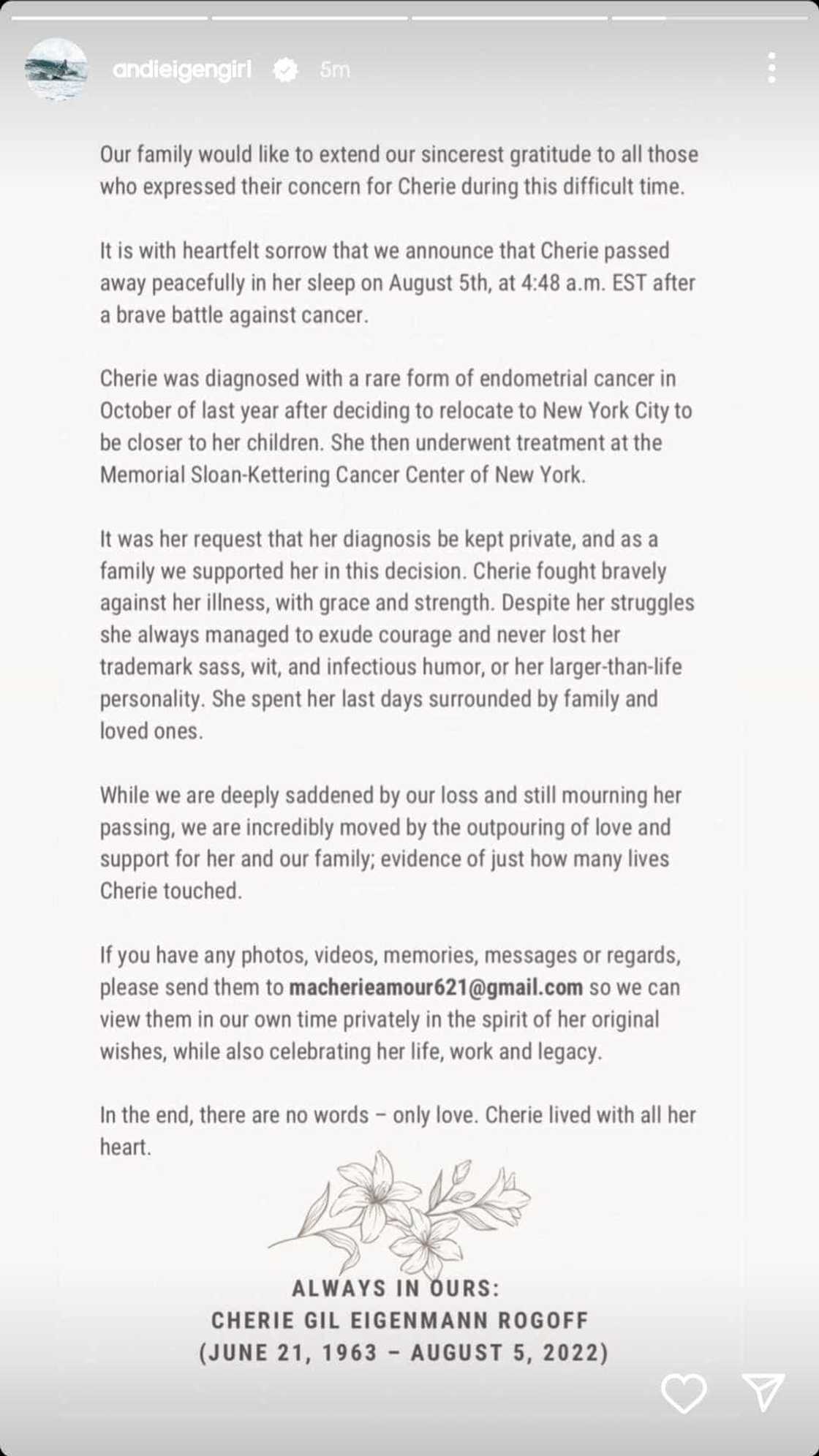 Andi Eigenmann posts official statement of their family on Cherie Gil's passing Andi Eigenmann posts official statement of their family on Cherie Gil's passing