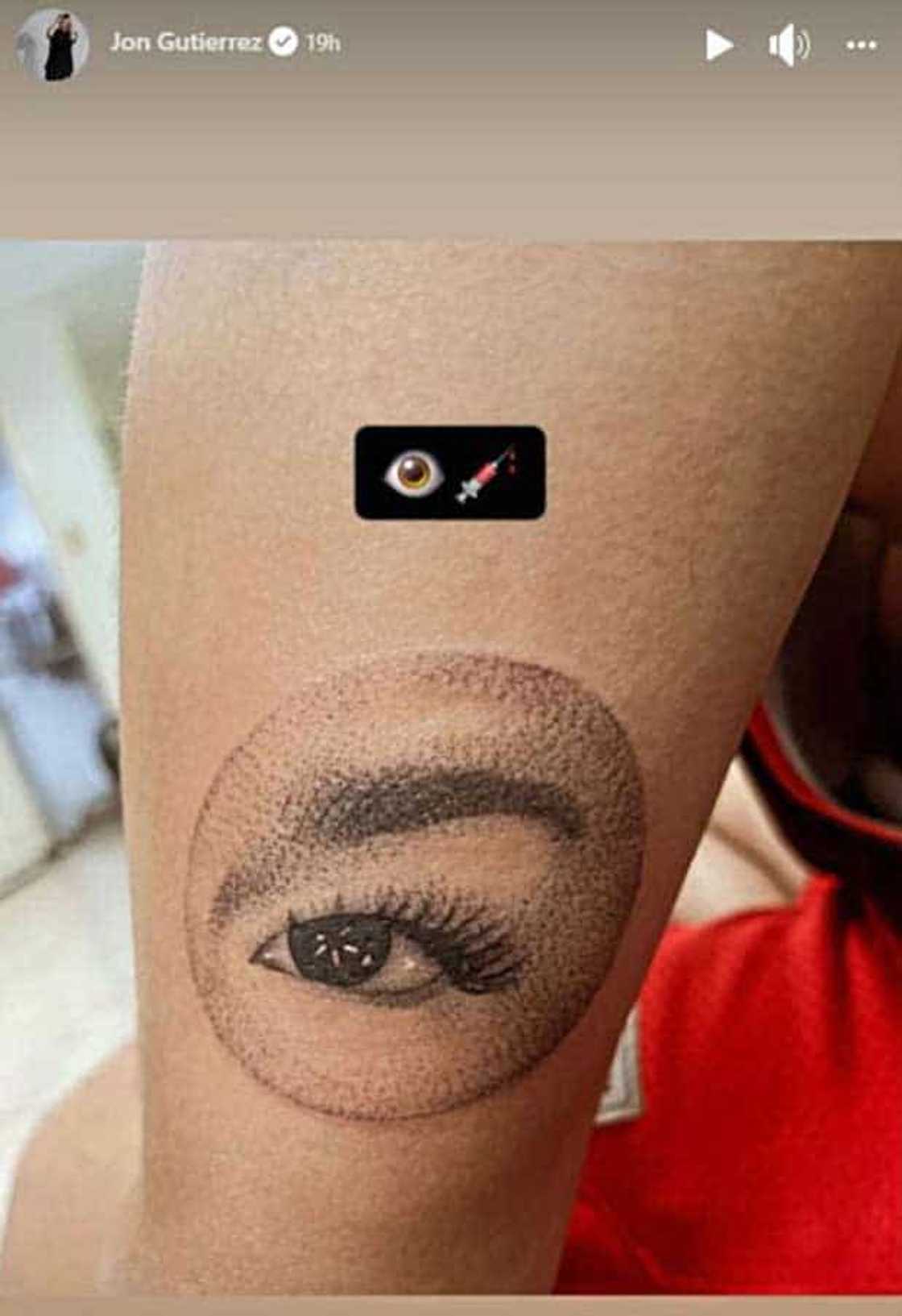 Jon Gutierrez, pina-tattoo sa binti ang magandang mata ni Jelai Andres Jon Gutierrez, pina-tattoo sa binti ang magandang mata ni Jelai Andres