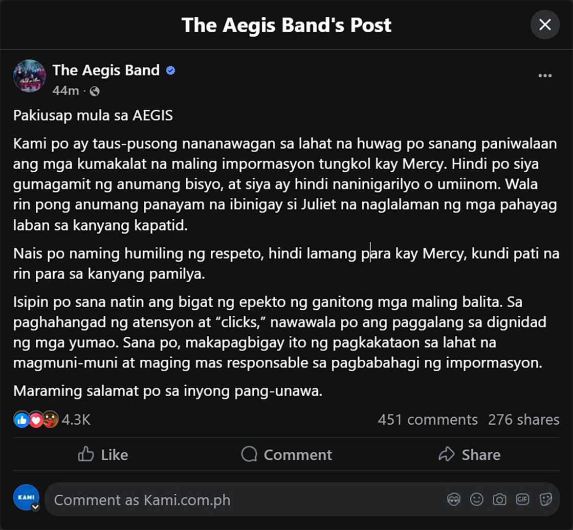 Aegis band, nakiusap tigilan fake news: “Wag po sanang paniwalaan kumakalat na maling impormasyon”