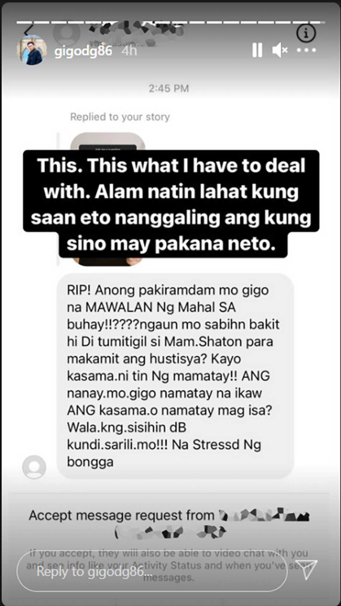 Gigo de Guzman receives malicious message while grieving the death of his mother, Claire Dela Fuente Gigo de Guzman receives malicious message while grieving the death of his mother, Claire Dela Fuente