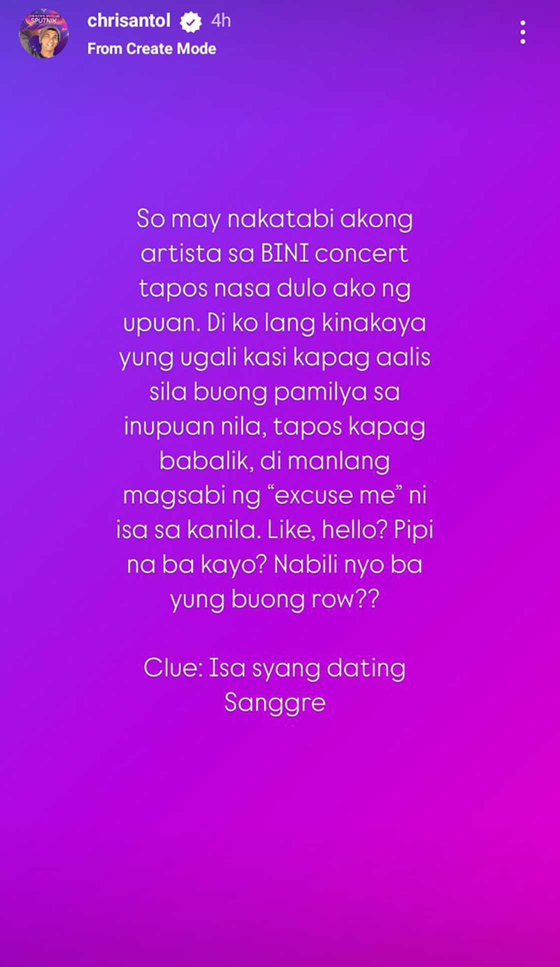 Christian Antolin, inireklamo ang inasal ng isa umanong dating sanggre sa concert ng BINI Christian Antolin, inireklamo ang inasal ng isa umanong dating sanggre sa concert ng BINI