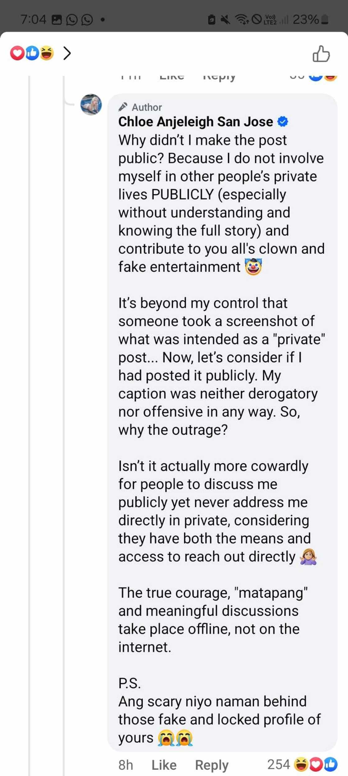 Chloe San Jose, sinagot kung bakit hindinak-public ang post niya Chloe San Jose, sinagot kung bakit hindinak-public ang post niya