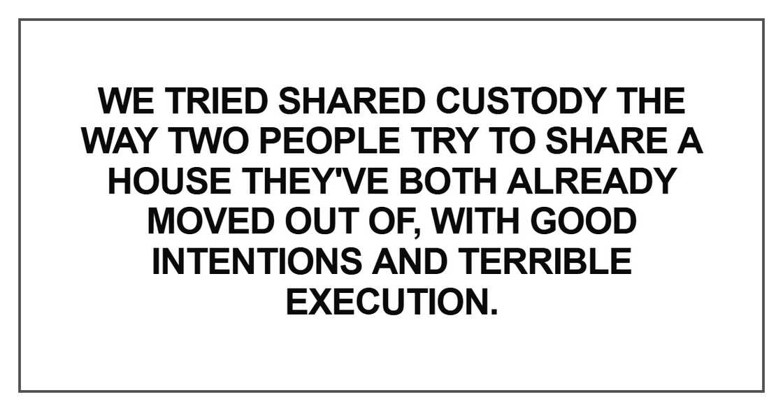 We tried shared custody the way two people try to share a