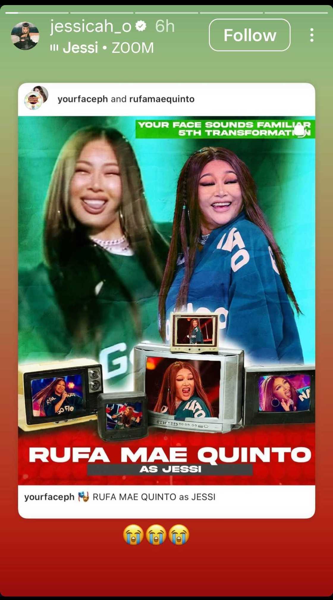 Jessi reacts to Rufa Mae Quinto’s “Zoom” performance on ‘Your Face Sounds Familiar’ Jessi reacts to Rufa Mae Quinto’s “Zoom” performance on ‘Your Face Sounds Familiar’