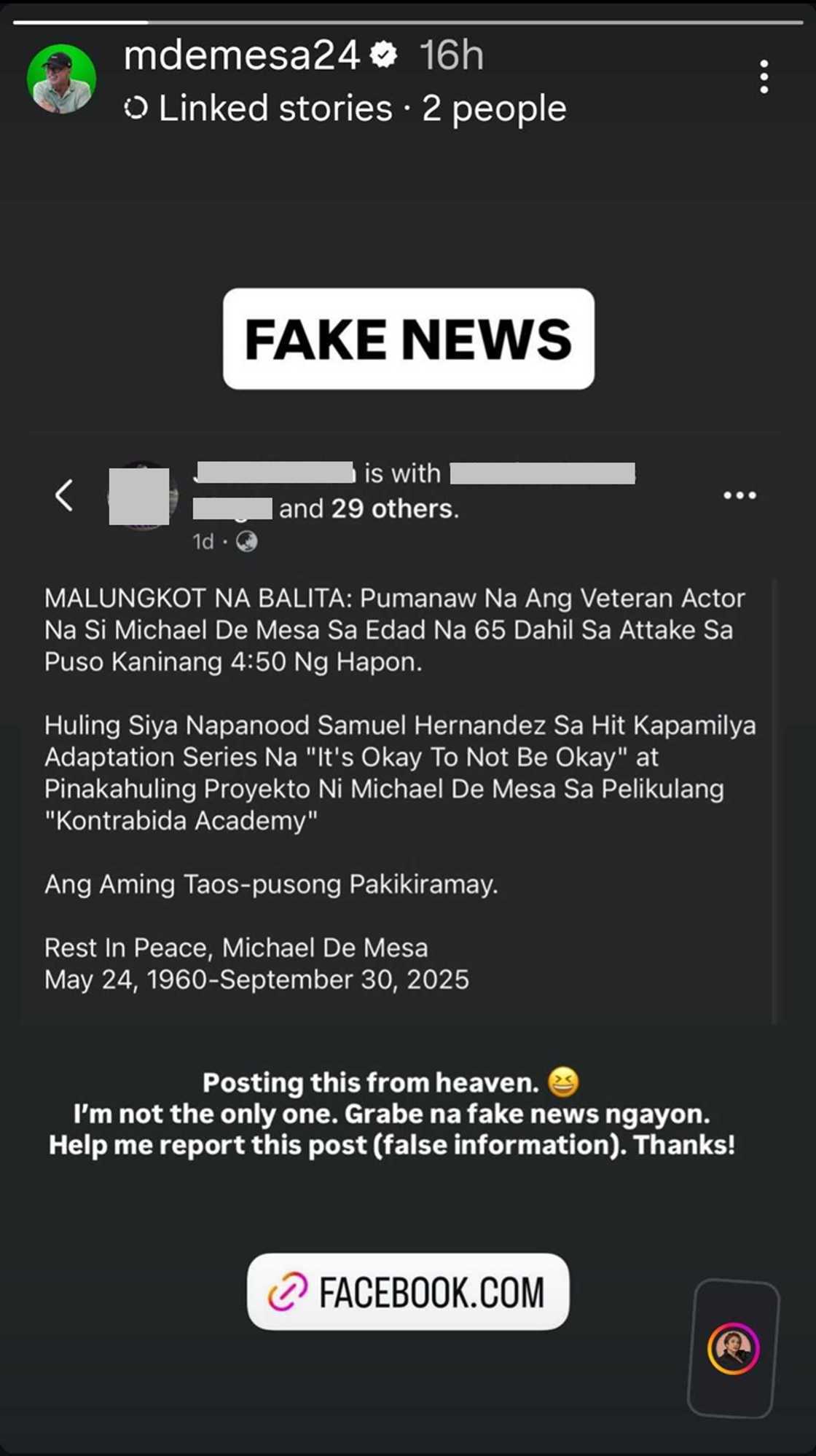 Michael de Mesa falls victim to death hoax, veteran actor debunks claim Michael de Mesa falls victim to death hoax, veteran actor debunks claim