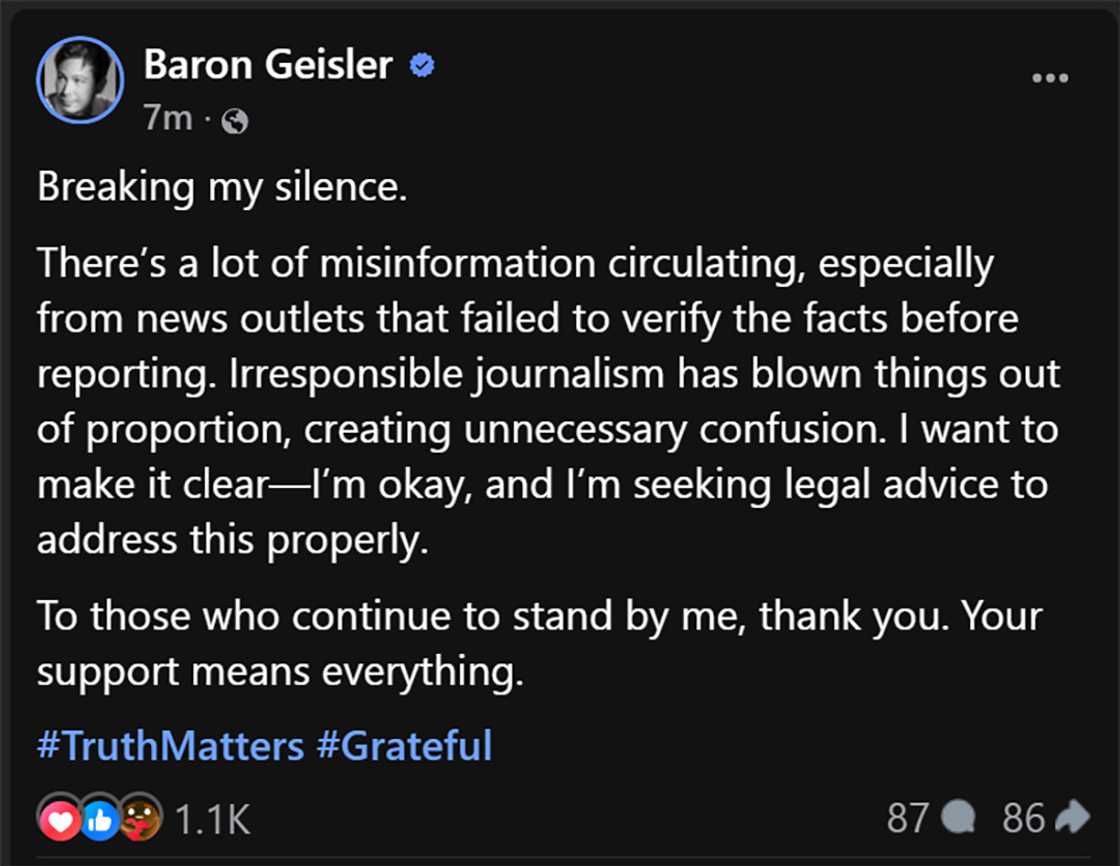 Baron Geisler, binasag katahimikan matapos maaresto sa Cebu: “A lot of misinformation circulating”