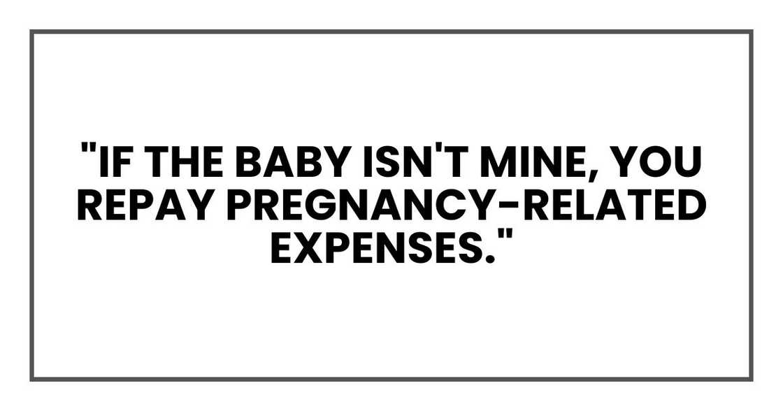 "If the baby isn't mine, you repay pregnancy-related expenses." "If the baby isn't mine, you repay pregnancy-related expenses."