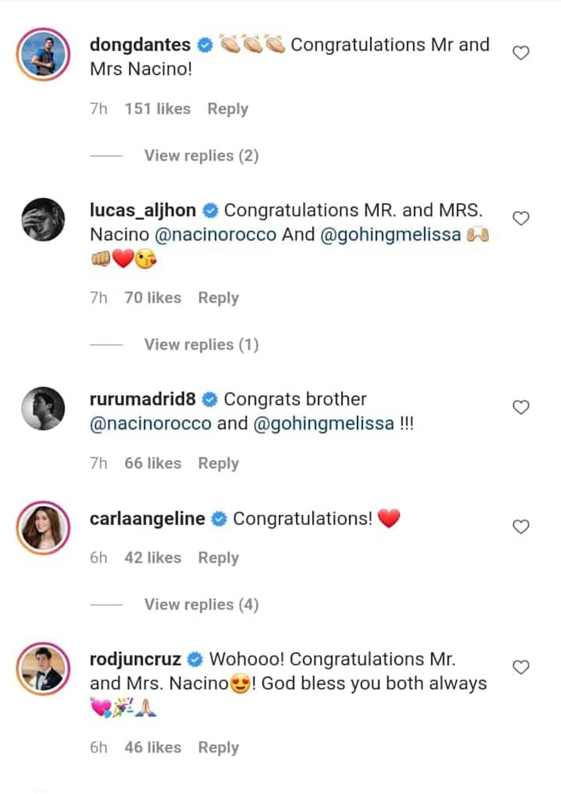 Celebrities congratulate newlyweds Rocco Nacino & Melissa Gohing Celebrities congratulate newlyweds Rocco Nacino & Melissa Gohing