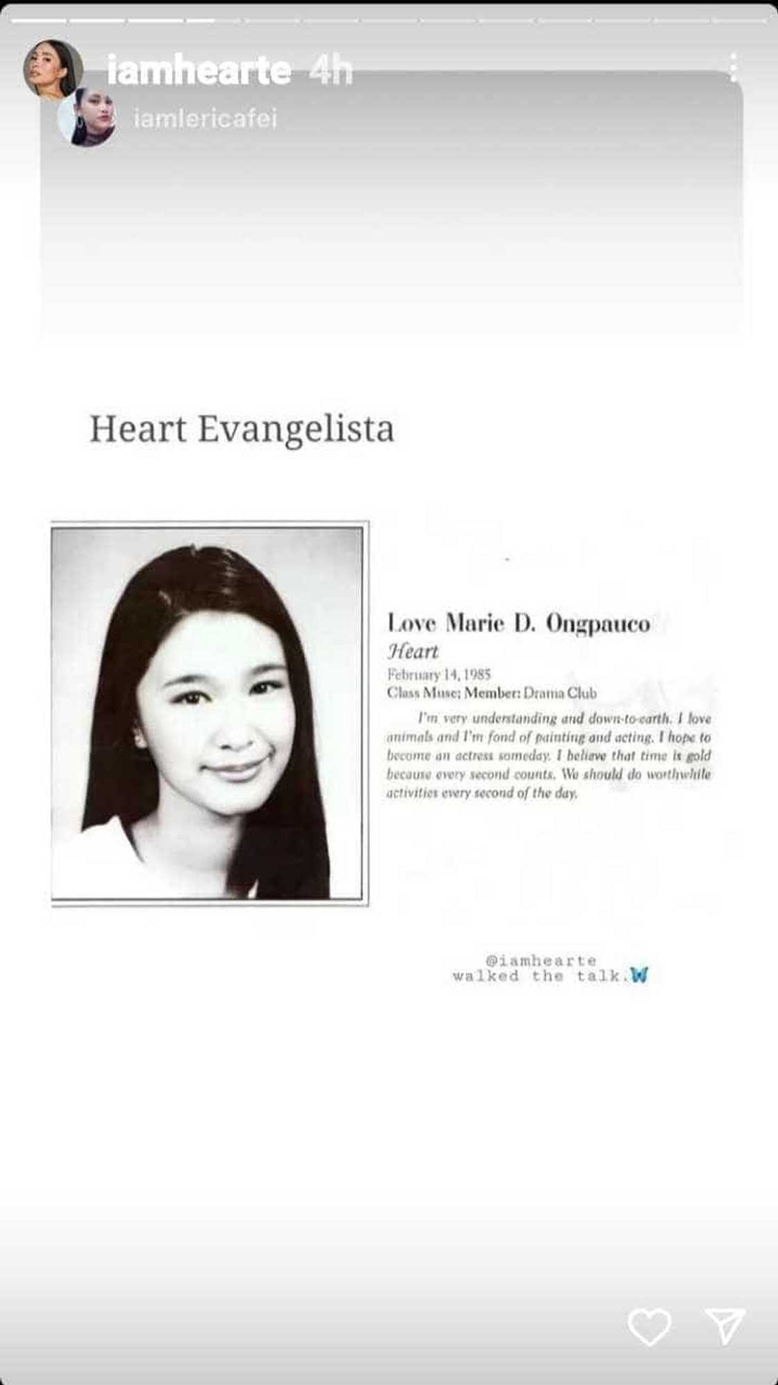 Heart Evangelista reposts yearbook photo showing her write-up, innate beauty Heart Evangelista reposts yearbook photo showing her write-up, innate beauty