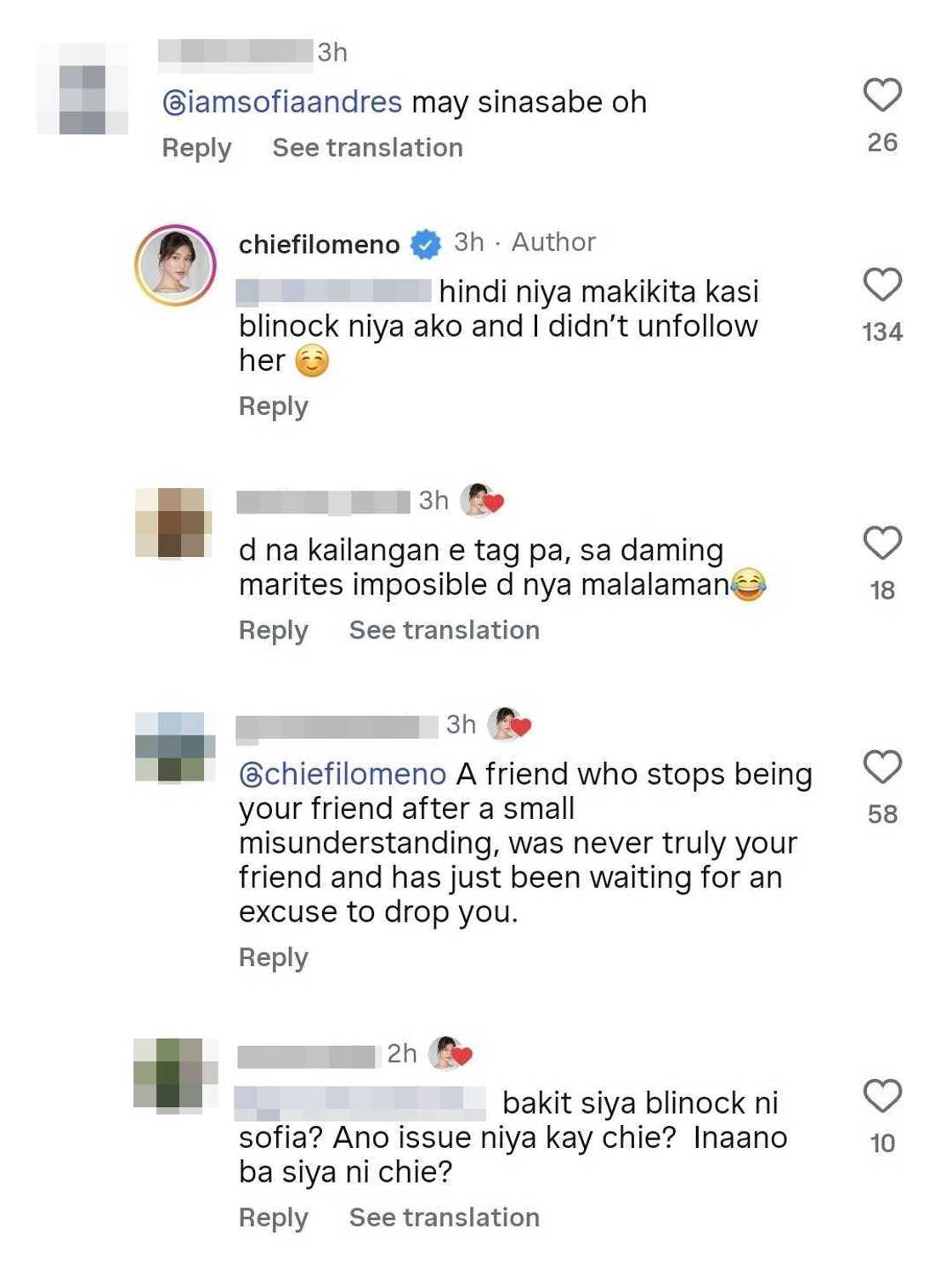 Chie Filomeno responds to comment tagging Sofia Andres: "Blinock niya ako" Chie Filomeno responds to comment tagging Sofia Andres: "Blinock niya ako"