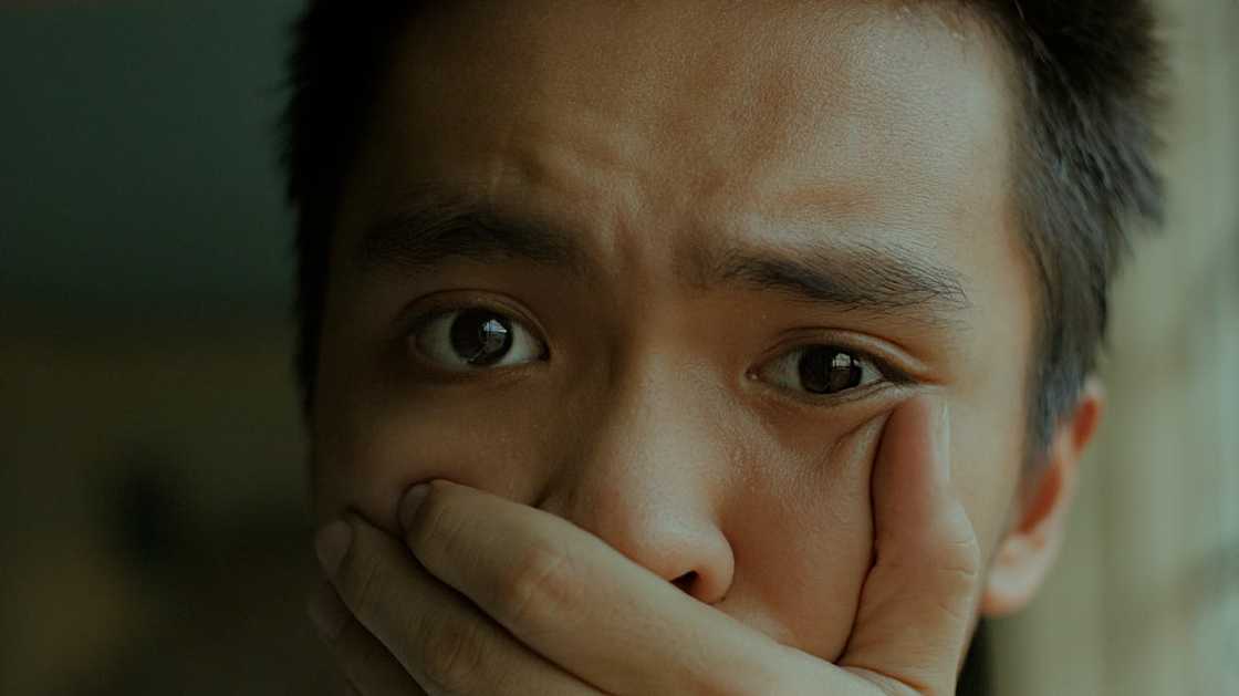 Close-up of a person covering their mouth in disbelief.
