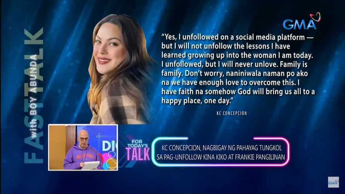 Boy Abunda, ibinahagi ang pahayag ni KC Concepcion ukol sa pag-unfollow kina Kiko, Frankie Pangilinan Boy Abunda, ibinahagi ang pahayag ni KC Concepcion ukol sa pag-unfollow kina Kiko, Frankie Pangilinan