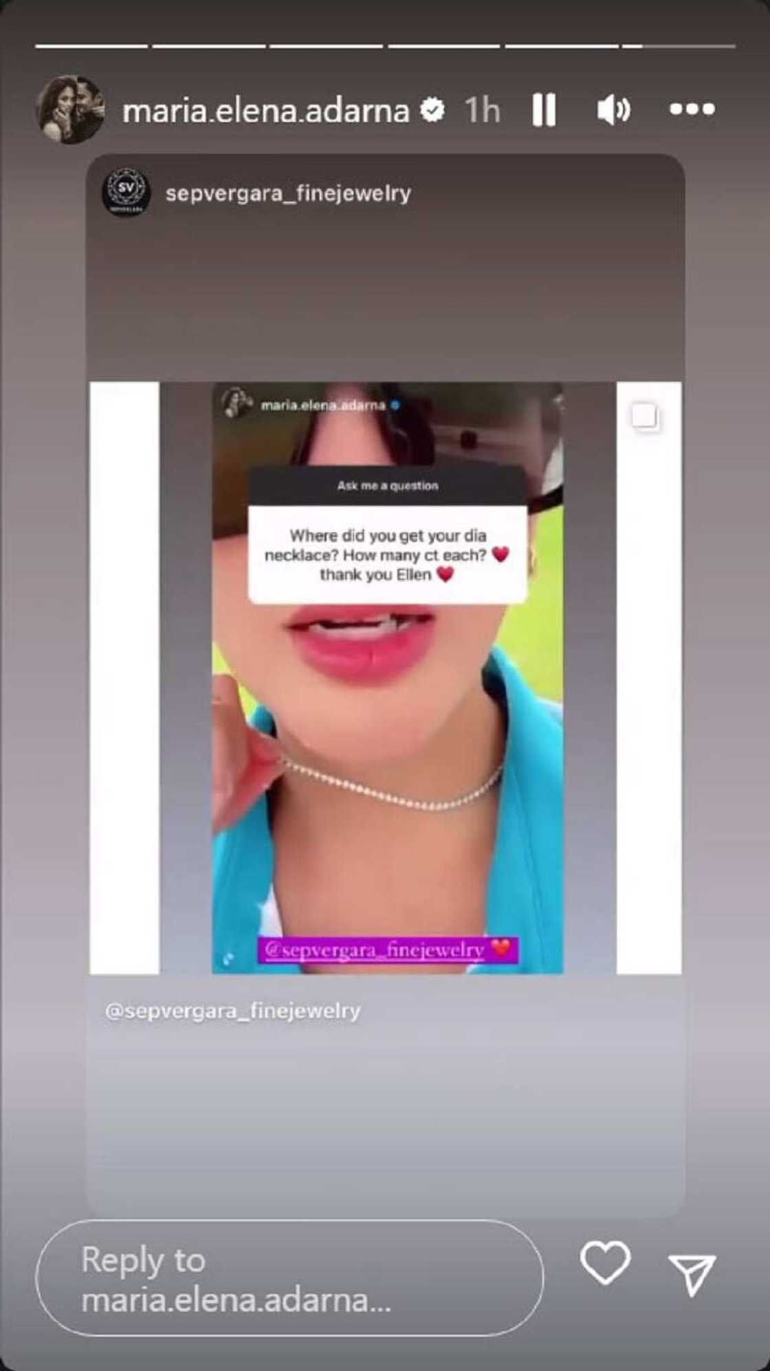 Ellen Adarna, prangkang sinagot tanong ng netizen ukol sa diamond necklace niya: “Nakalimutan ko ilang carats” Ellen Adarna, prangkang sinagot tanong ng netizen ukol sa diamond necklace niya: “Nakalimutan ko ilang carats”