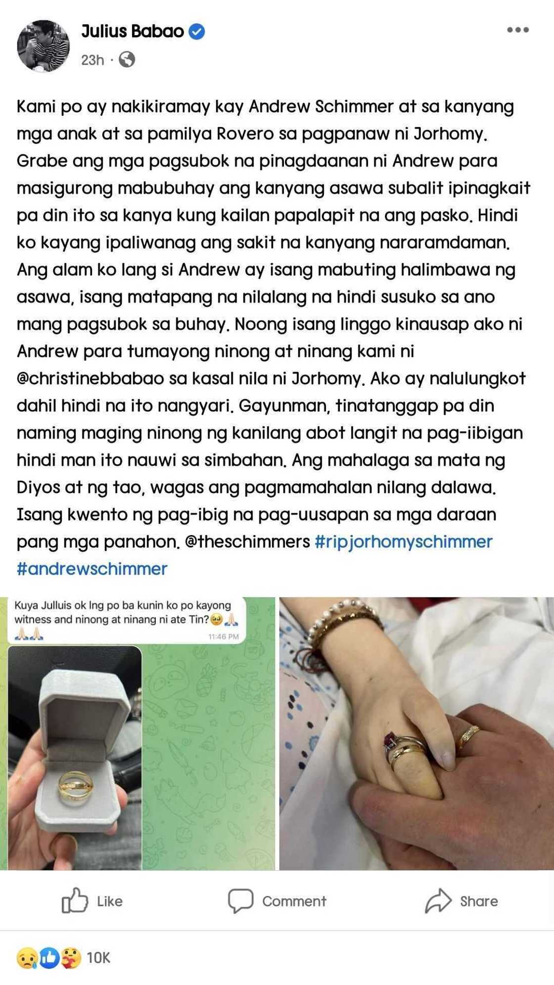 Julius Babao, ipinakita ang text ni Andrew Schimmer sa kanya bago yumao si Jho Rovero