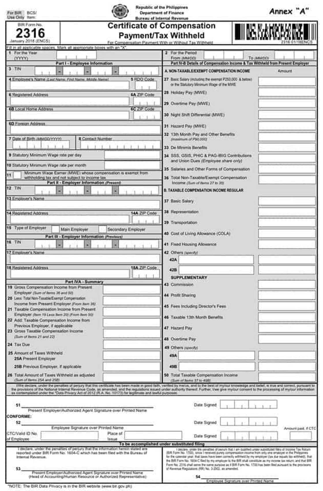 How to fill BIR Form 2316