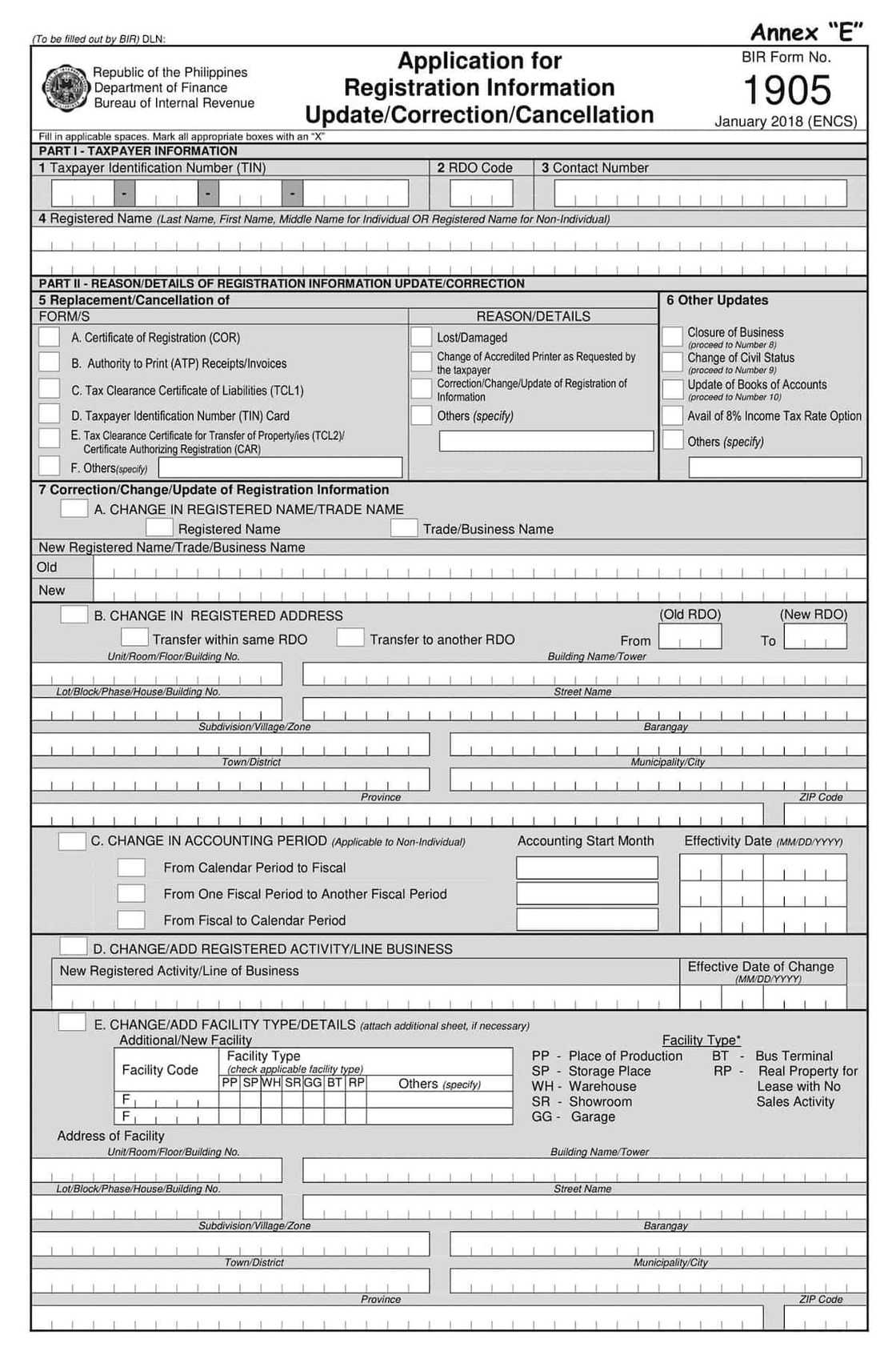 BIR Form 1905 BIR Form 1905