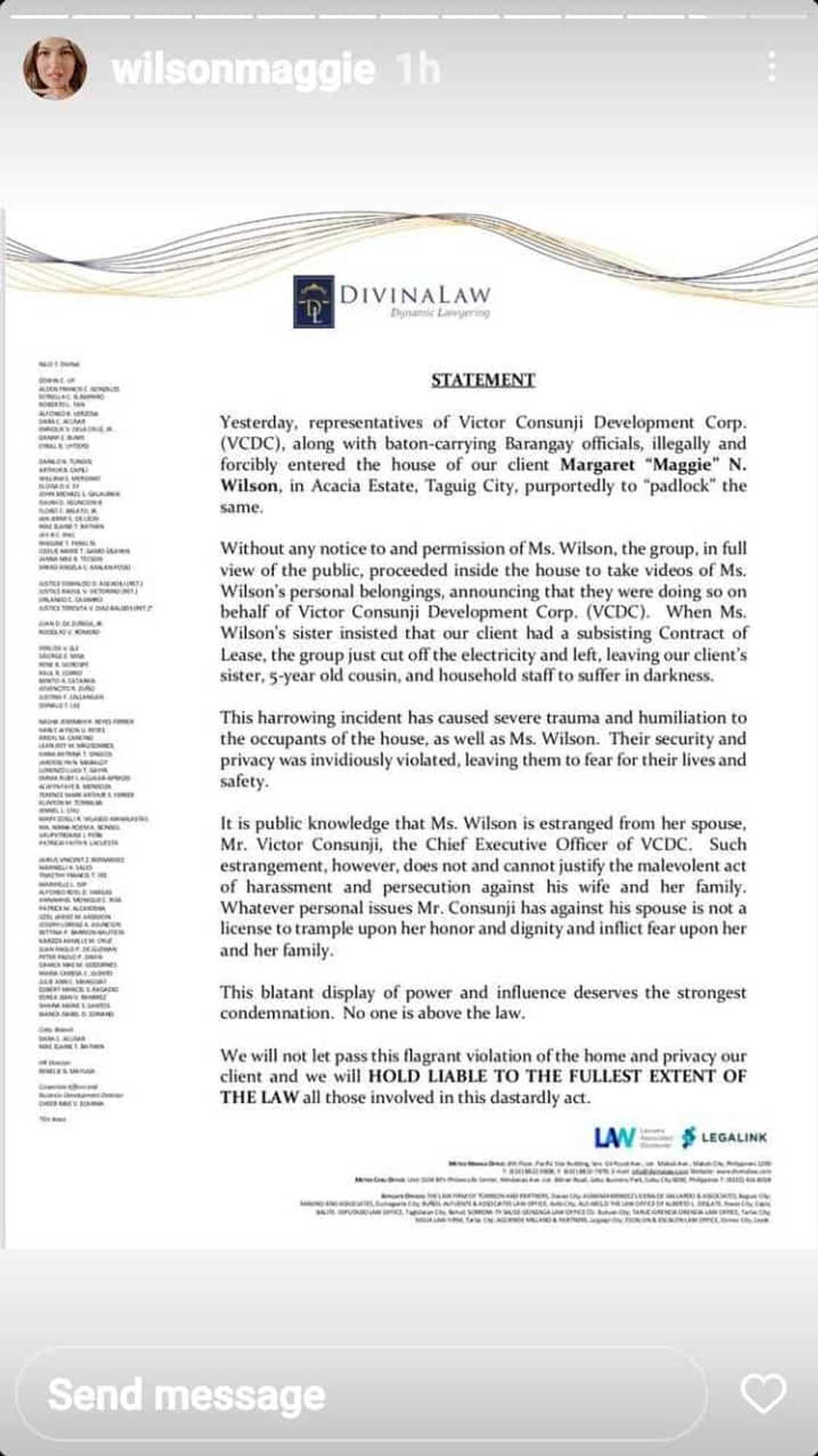 Maggie Wilson’s camp pens statement after staff of ex-husband’s company allegedly entered her home illegally Maggie Wilson’s camp pens statement after staff of ex-husband’s company allegedly entered her home illegally