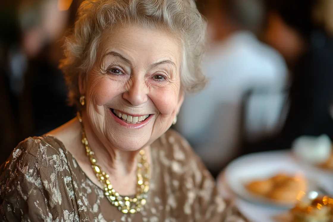 An elderly woman in a restaurant smiling at someone An elderly woman in a restaurant smiling at someone