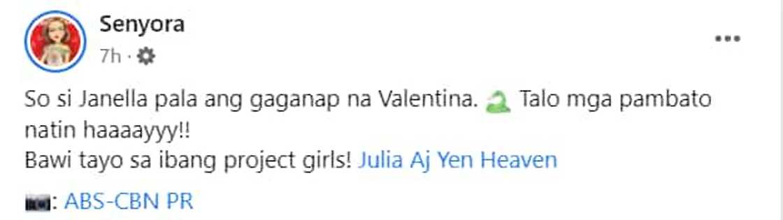 Pambato ni Senyora, talo ang mga pambato para sa gaganap na Valentina Pambato ni Senyora, talo ang mga pambato para sa gaganap na Valentina