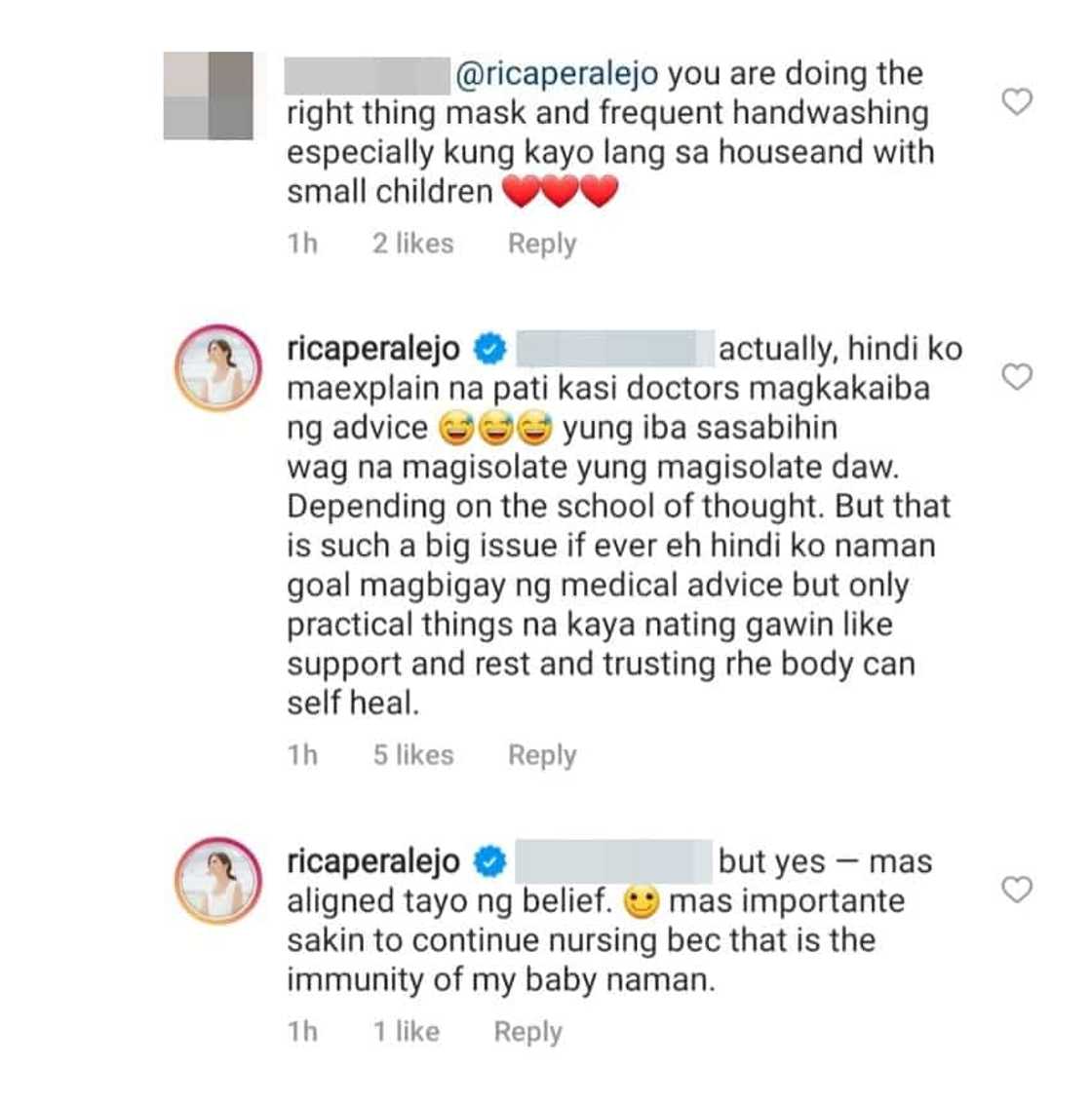 Rica Peralejo, nagpaliwanag sa netizen na kumwestiyon sa di niya pag-isolate