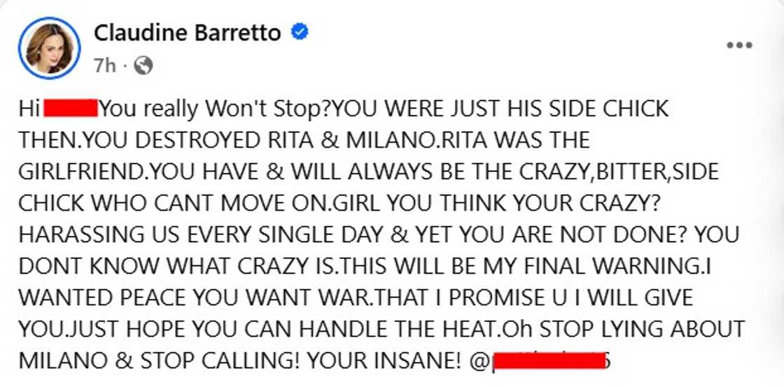 Claudine Barretto, may matapang na pahayag laban sa aniya'y 'side chick' ni Milano Sanchez Claudine Barretto, may matapang na pahayag laban sa aniya'y 'side chick' ni Milano Sanchez