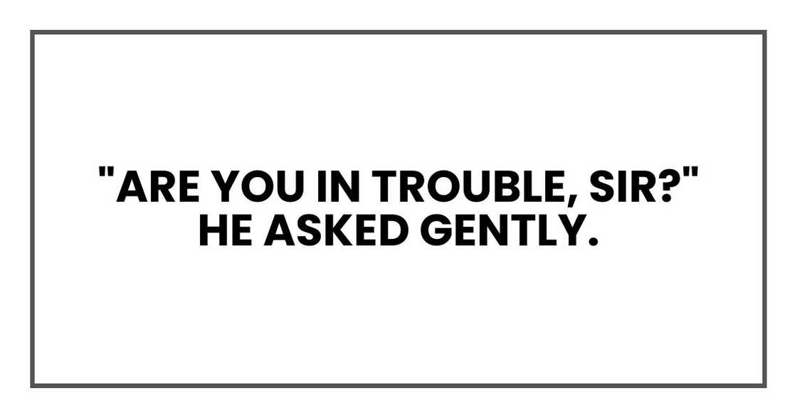 "Are you in trouble, sir?" he asked gently. "Are you in trouble, sir?" he asked gently.