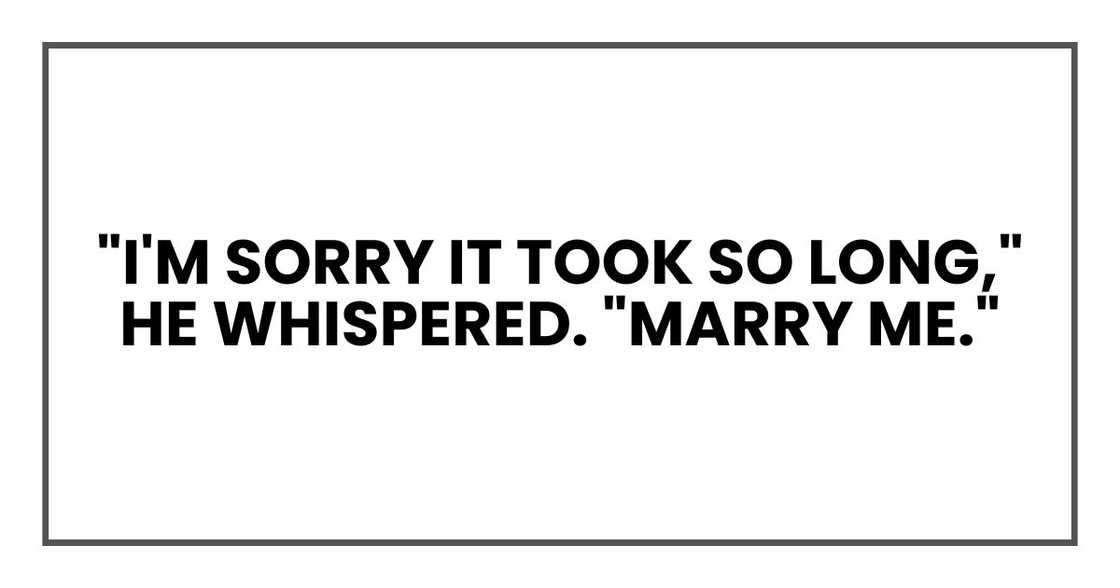 "I'm sorry it took so long," he whispered. "Marry me." "I'm sorry it took so long," he whispered. "Marry me."