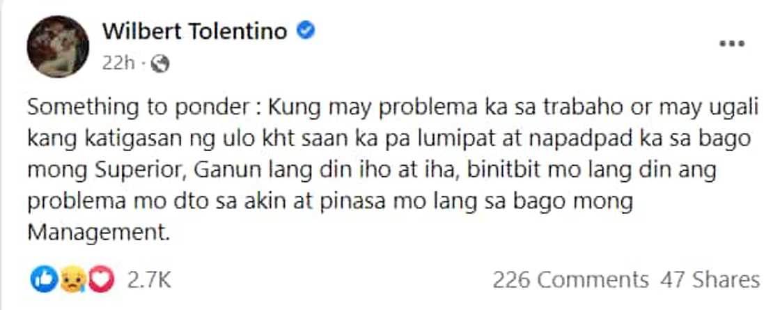 Wilbert Tolentino, nag-post tungkol sa problemang dala ng taong may katigasan ng ulo Wilbert Tolentino, nag-post tungkol sa problemang dala ng taong may katigasan ng ulo