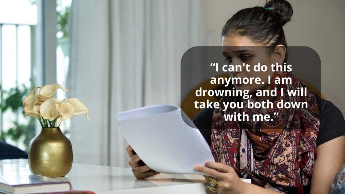 A lady is reading a note from her mother