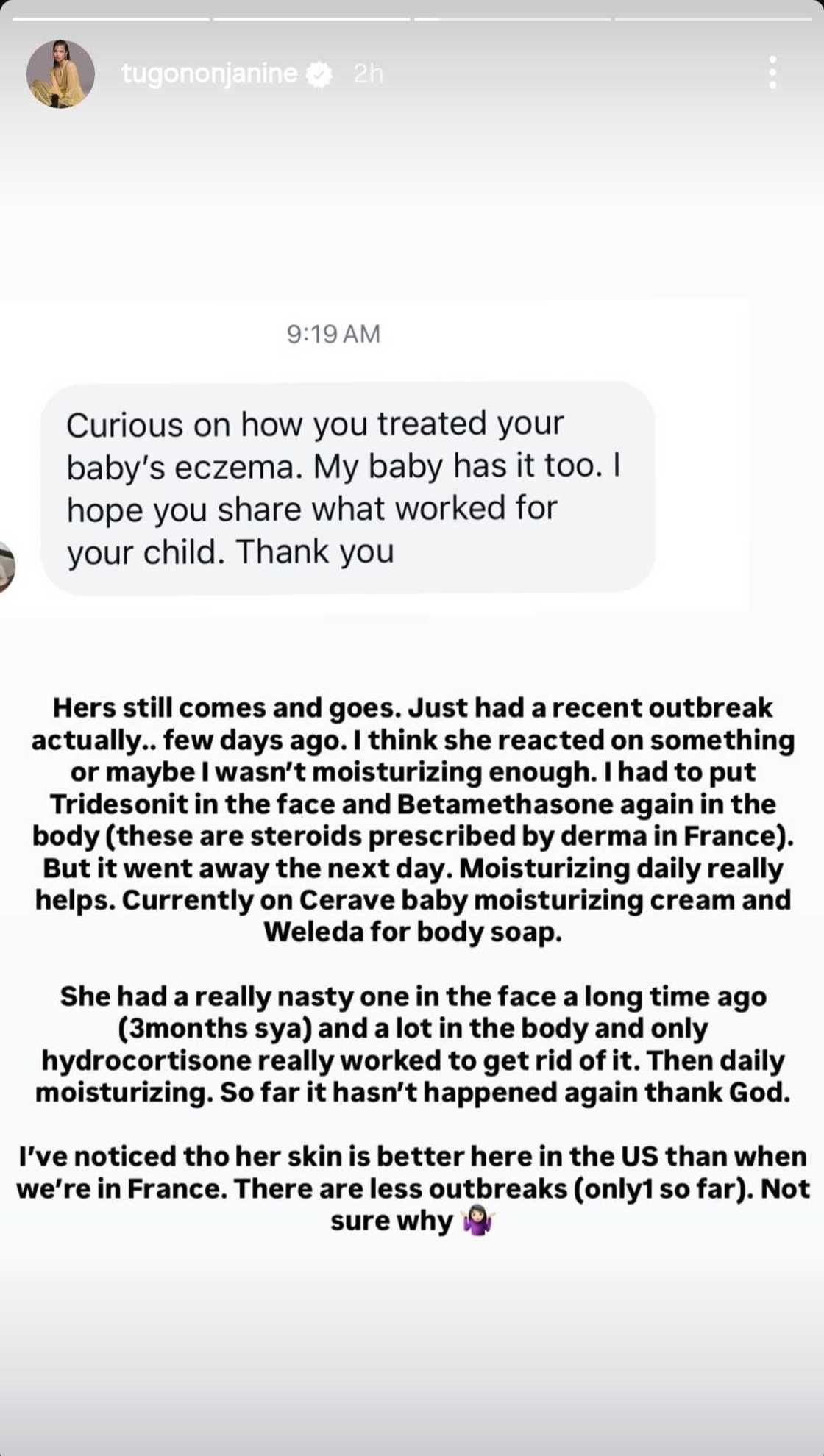 Janine Tugonon answers question about her baby's eczema: "Just had a recent outbreak"