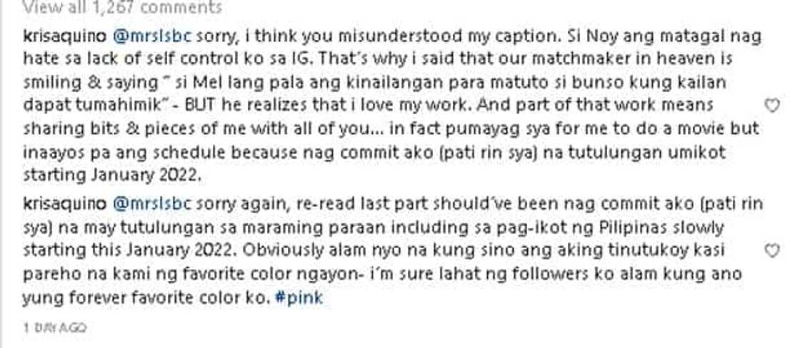 Kris Aquino corrects a netizen who misunderstood her caption