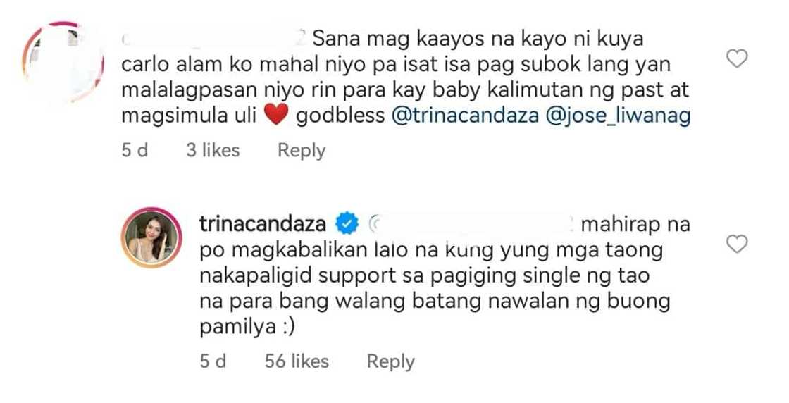 Trina Candaza, sinagot ang netizen na umaasang magkakabalikan sila ni Carlo Aquino: "mahirap na po" Trina Candaza, sinagot ang netizen na umaasang magkakabalikan sila ni Carlo Aquino: "mahirap na po"