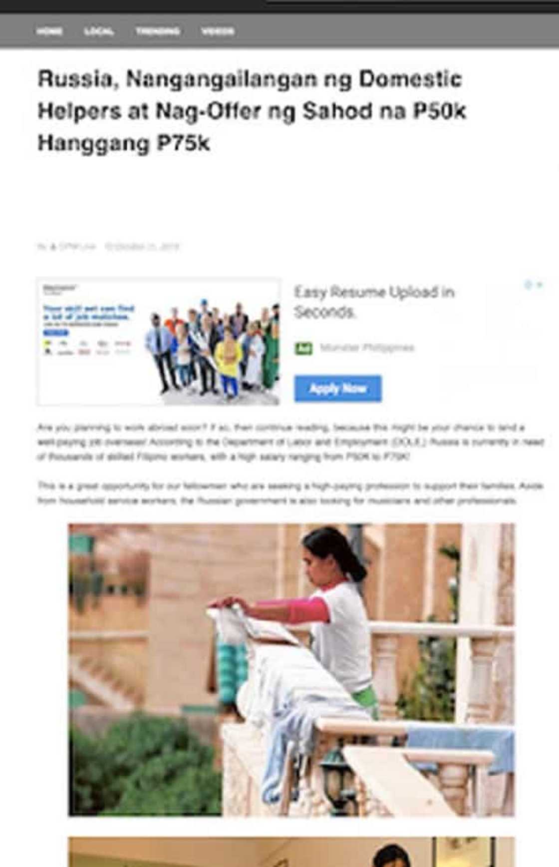 Fact check: Russia needs domestic helpers and offers up to P75,000 salary Fact check: Russia needs domestic helpers and offers up to P75,000 salary