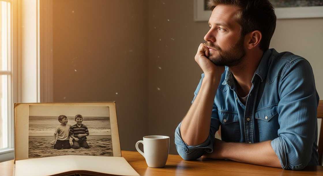 Man gazing at photo album by window.